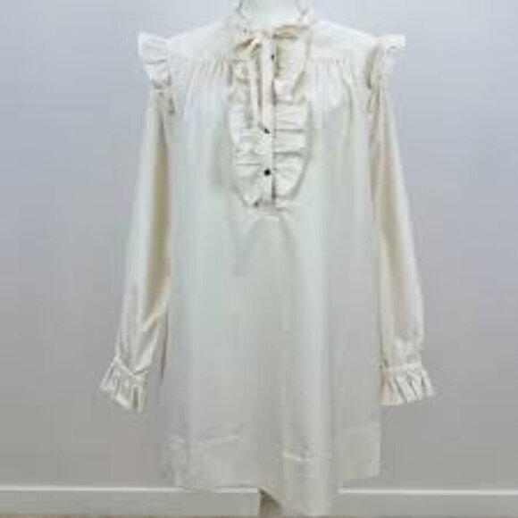 LDT Francesca Dress Ruffles Long Sleeve High Tie Collar Pockets Shift Ivory 8 - Picture 10 of 10